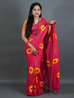 Odette - Womens Pink Printed Cotton Saree with Unstitched Blouse