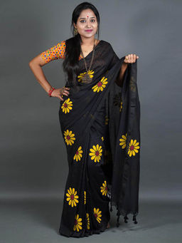 Odette - Womens Black Printed Cotton Saree with Unstitched Blouse