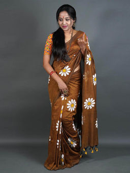 Odette - Womens Brown Printed Cotton Saree with Unstitched Blouse