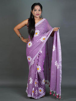 Odette - Womens Mauve Printed Cotton Saree with Unstitched Blouse