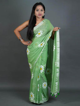 Odette - Womens Pista Green Printed Cotton Saree with Unstitched Blouse
