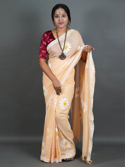 Odette - Womens Peach Printed Cotton Saree with Unstitched Blouse