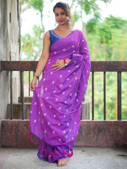 Odette - Womens Purple Embroidered Cotton Saree with Unstitched Blouse