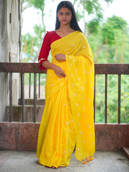 Odette - Womens Yellow Embroidered Cotton Saree with Unstitched Blouse