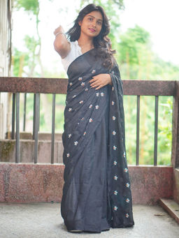 Odette - Womens Black Embroidered Cotton Saree with Unstitched Blouse