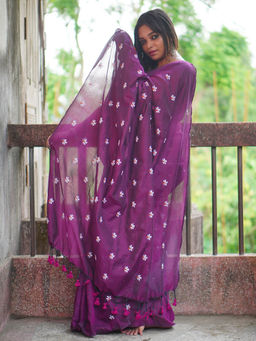 Odette - Womens Purple Embroidered Cotton Saree with Unstitched Blouse