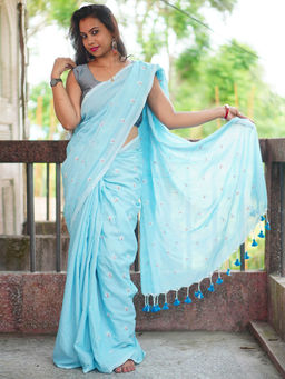 Odette - Womens Blue Embroidered Cotton Saree with Unstitched Blouse