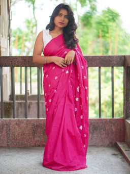 Odette - Womens Pink Embroidered Cotton Saree with Unstitched Blouse