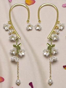 OOMPH - Women Gold Tone Floral Pearl Tassels Ear Cuff Earrings