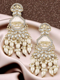 OOMPH - Womens Dazzling Stones Cluster Pearls Tiger Design Gold Ethnic Drop Earrings
