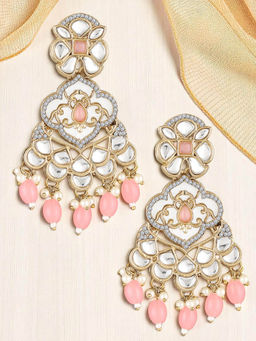 OOMPH - Womens Pink & White Kundan Pearls Stylish Latest Gold Ethnic Drop Earrings