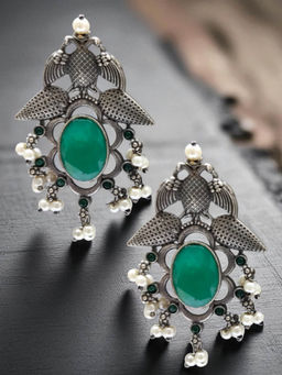 OOMPH - Womens Green Stone Pearls Peacock Design Oxidised Silver Drop Earrings
