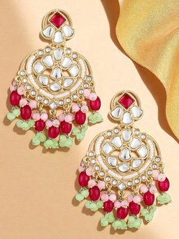 OOMPH - Womens Pink & Green Kundan Pearls Stylish Latest Gold Ethnic Drop Earrings