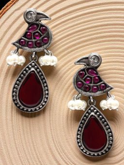 OOMPH - Maroon Stone Bird Chidiya Design Oxidised Silver Drop Earrings