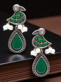 OOMPH - Green Stone Bird Chidiya Design Oxidised Silver Drop Earrings