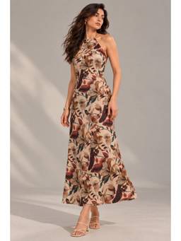 Twenty Dresses by Nykaa Fashion - Rust Botanical Print Polyester Halter Neck Maxi Dress - Premium