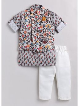 Little Collars - Boys Floral Grey Cotton Jacket and Kurta Pajama and Brooch (Set of 4)