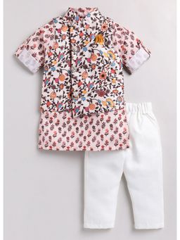 Little Collars - Boys Floral Peach Cotton Jacket and Kurta Pajama and Brooch (Set of 4)