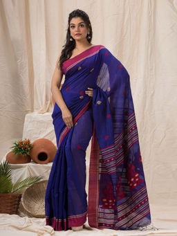 Angoshobha - Blue Cotton Blended Traditional Jamdani Saree with Unstitched Blouse