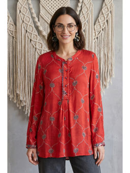 Folksong - Women Red Geometric Printed Modal Satin Straight Top