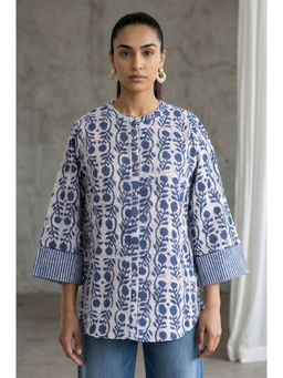 Folksong - Women Off White Block Printed Pure Cotton Straight Top