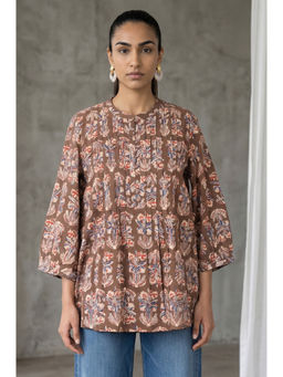 Folksong - Women Brown Floral Printed Pure Cotton A-Line Top