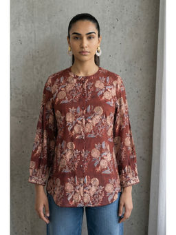 Folksong - Women Brown Floral Printed Pure Cotton Relaxed Fit Top