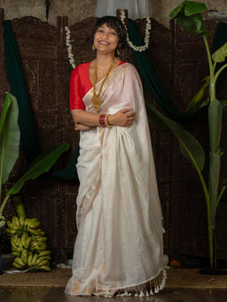 Suta - Off White Cotton Blend Woven Design Sarees