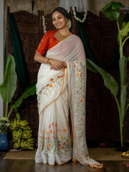 Suta - White Mul Cotton Embroidered Floral Sarees