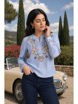 W - Light Blue Striped Embroidered Pure Cotton Hip-Length Top