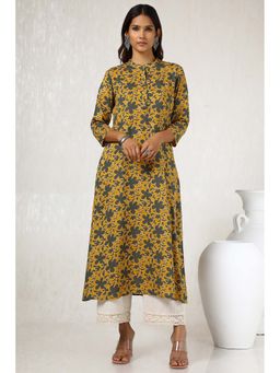 Soch - Women Mustard Rayon Slub Floral Print Kurta