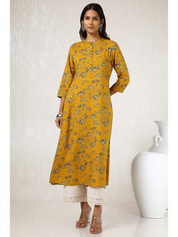 Soch - Women Mustard Rayon Slub Floral Print Kurta