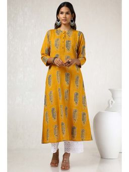 Soch - Women Mustard Rayon Slub Print Kurta