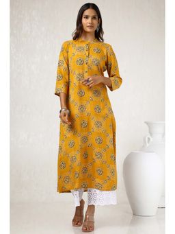 Soch - Women Mustard Rayon Slub Ethnic Motifs Kurta