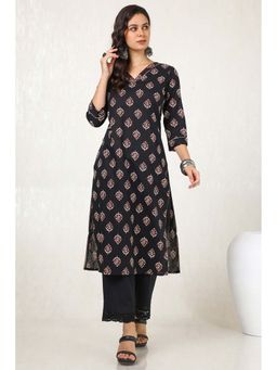 Soch - Women Black Cotton Botanical Print Kurta with Gotta Patti