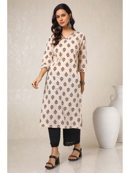 Soch - Women Beige Cotton Botanical Print Kurta with Gotta Patti