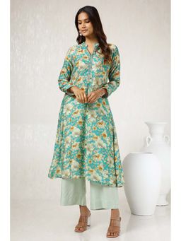 Soch - Women Teal Viscose Blend Floral Print Kurta with Beads