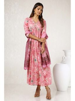 Soch - Women Blush Pink Cotton Floral Print Kurta with Mirror and Cut Dana