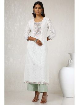 Soch - Women Off White Cotton Schiffli Kurta with Faux Mirror