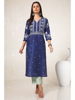 Soch - Women Navy Blue Muslin Blend Kurta with Mirror Work