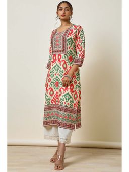 Soch - Women Multi-Color Linen Blend Abstract Print Kurta with Mirror Work