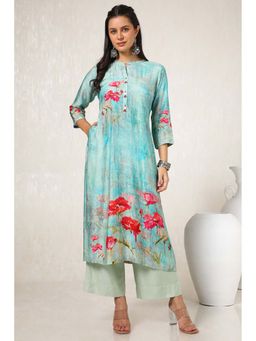 Soch - Women Turquoise Blue Viscose Muslin Floral Print Kurta