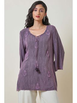 Soch - Women Purple Embroidered Rayon Crepe Tunic with Bell Sleeves
