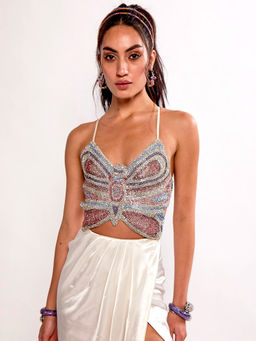 Realm By Vaishali - Ariel Blue Rhinestone Embellished Butterfly Crop Top