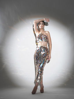 Realm By Vaishali - Isla Metallic Sequin Halter Crop Top