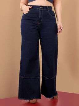 Miss Chase - A+ Curve Collection Plus Size Womens Navy Blue Wide Leg Denim Jeans