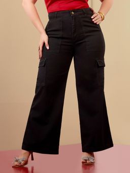 Miss Chase - A+ Curve Collection Plus Size Womens Black Wide-Leg Denim Cargo Jeans