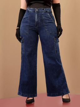 Miss Chase - A+ Curve Collection Plus Size Womens Blue Wide-Leg Denim Cargo Jeans