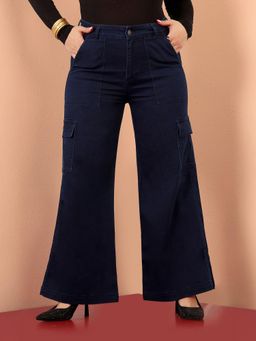 Miss Chase - A+ Curve Collection Plus Size Womens Navy Blue Wide Leg Cargo Denim Jeans