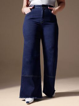 Miss Chase - A+ Curve Collection Plus Size Womens Navy Blue Wide Leg Denim Jeans